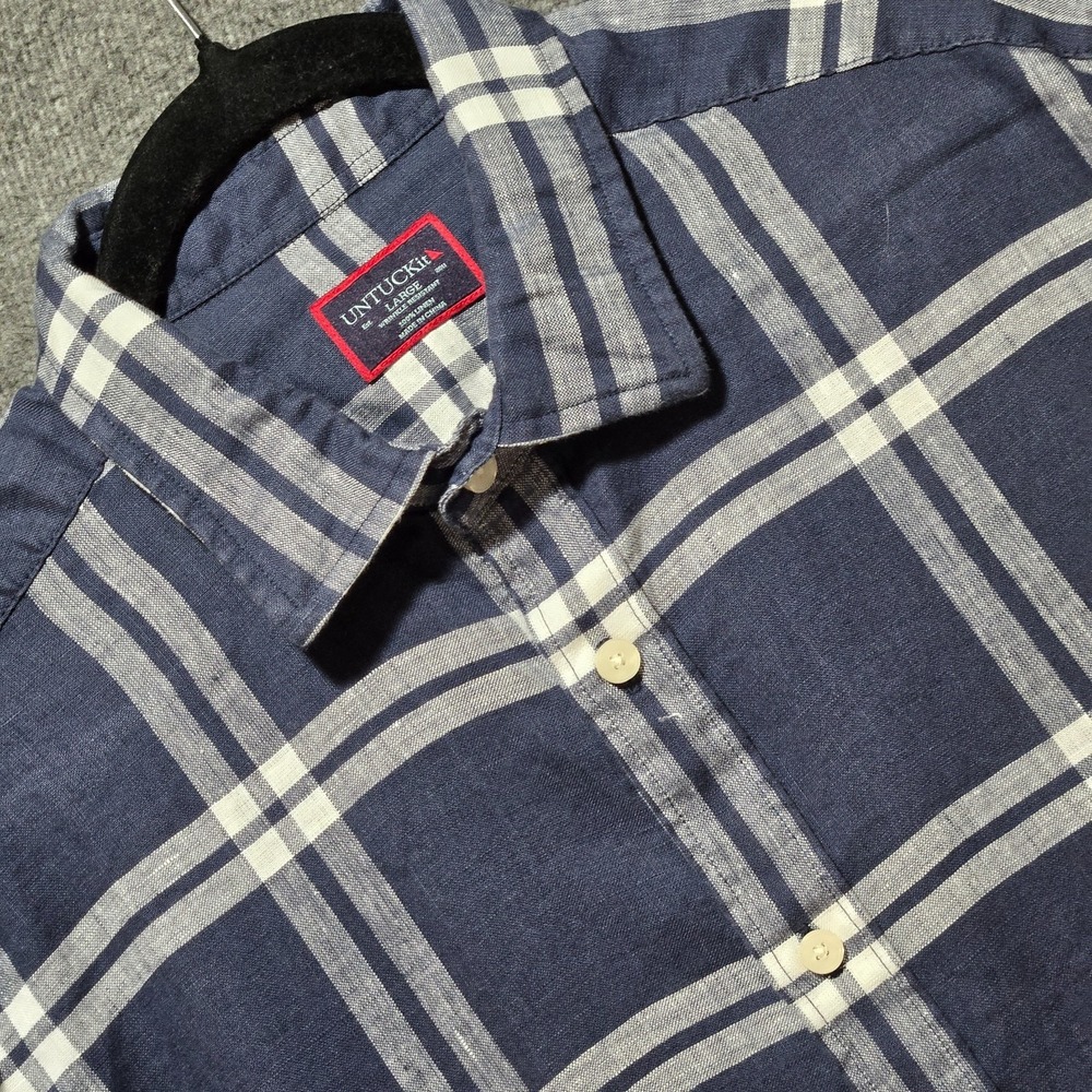 Untuckit Men's Shirt Sz Large Blue Plaid 100% Linen Wrinkle Resistant Button Up